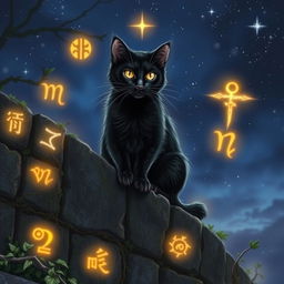 A mystical black cat perched gracefully on a stone wall, adorned with ancient, glowing runes that illuminate the surrounding area with a soft, ethereal light