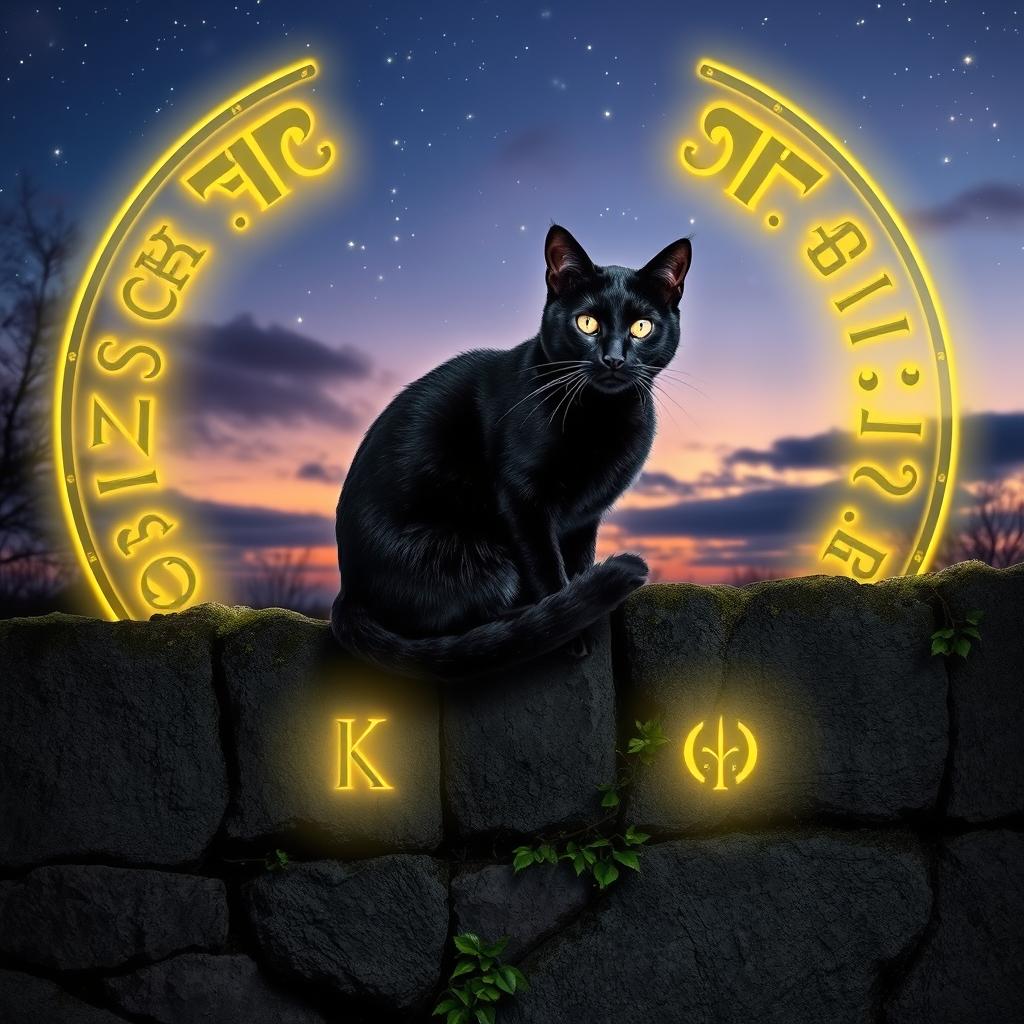 A mystical black cat perched gracefully on a stone wall, adorned with ancient, glowing runes that illuminate the surrounding area with a soft, ethereal light