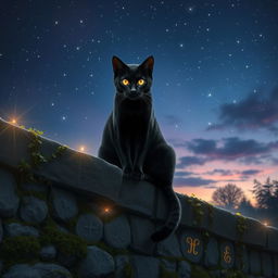 A mystical black cat perched gracefully on a stone wall, adorned with ancient, glowing runes that illuminate the surrounding area with a soft, ethereal light