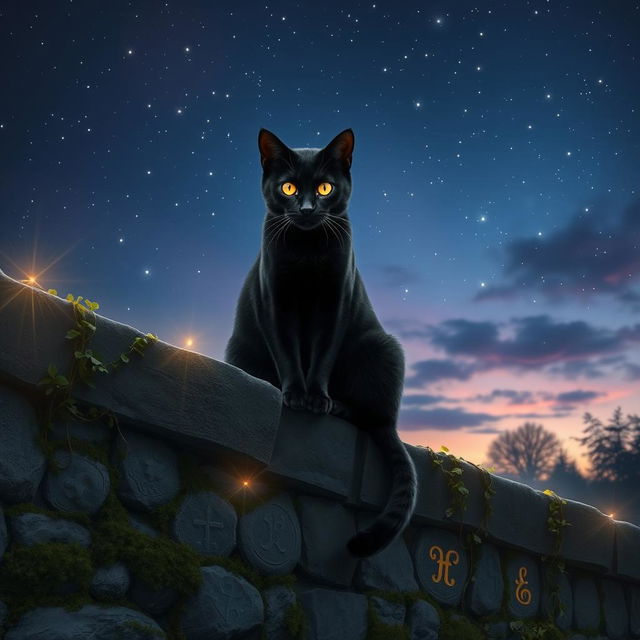 A mystical black cat perched gracefully on a stone wall, adorned with ancient, glowing runes that illuminate the surrounding area with a soft, ethereal light