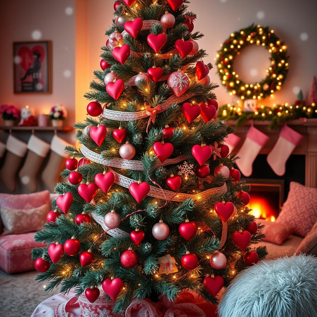 An enchanting Christmas tree creatively merging elements of Valentine's Day