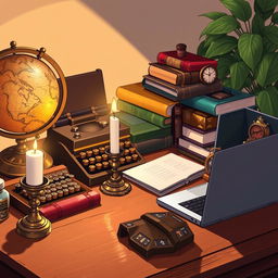A detailed illustration showcasing various intriguing objects on a wooden desk
