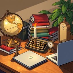A detailed illustration showcasing various intriguing objects on a wooden desk
