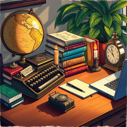 A detailed illustration showcasing various intriguing objects on a wooden desk
