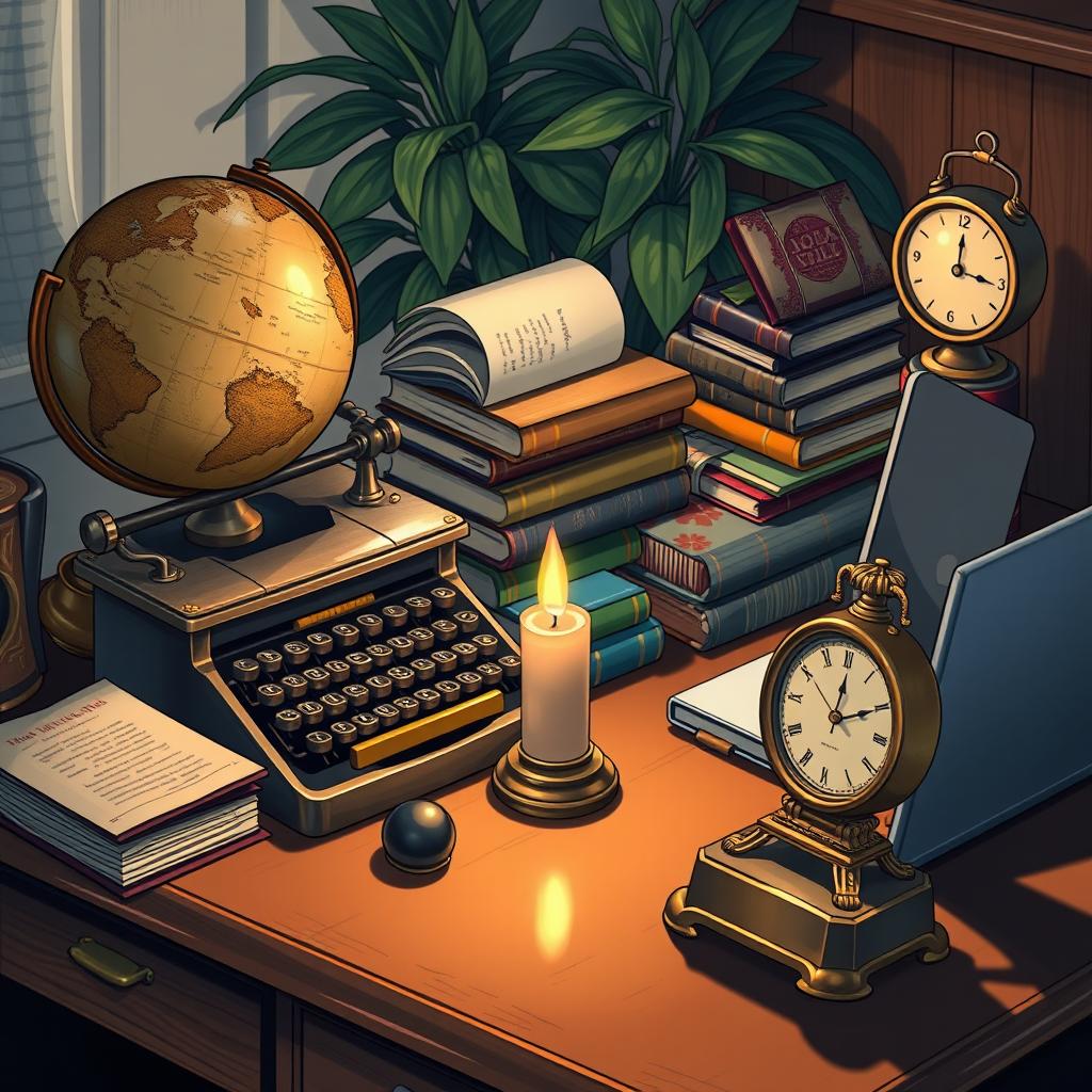 A detailed illustration showcasing various intriguing objects on a wooden desk