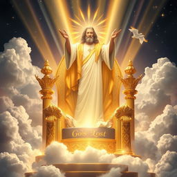 A magnificent throne illuminated by beams of divine light, symbolizing authority and power