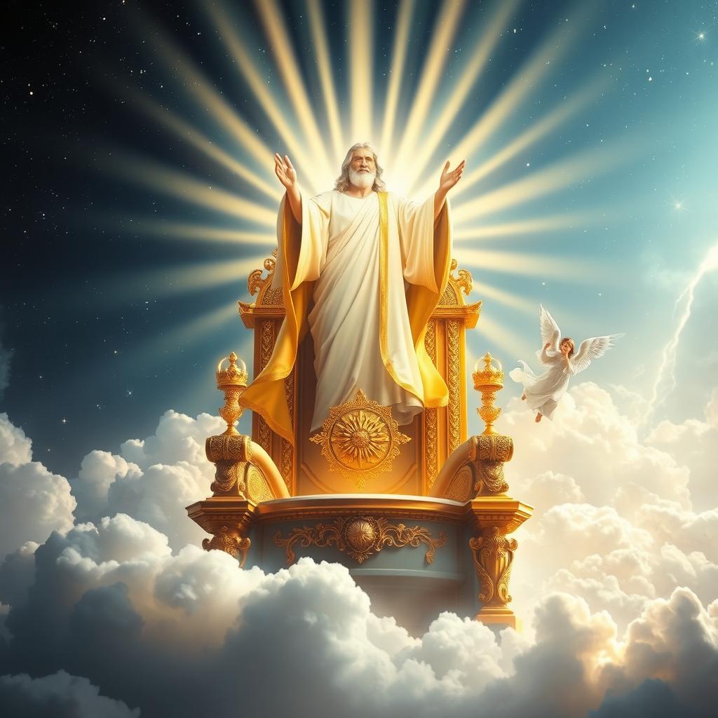 A magnificent throne illuminated by beams of divine light, symbolizing authority and power