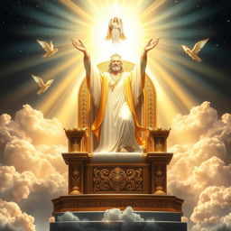 A magnificent throne illuminated by beams of divine light, symbolizing authority and power