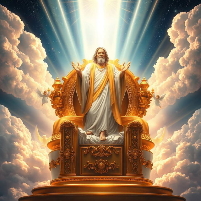 A magnificent throne illuminated by beams of divine light, symbolizing authority and power