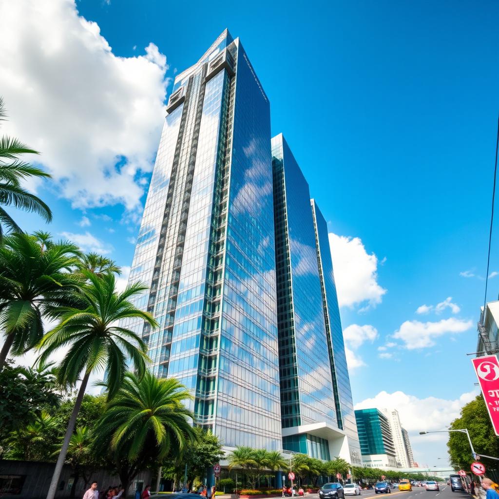 A stunning view of a modern skyscraper in Vietnam, showcasing its sleek glass façade reflecting the vibrant cityscape