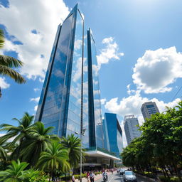 A stunning view of a modern skyscraper in Vietnam, showcasing its sleek glass façade reflecting the vibrant cityscape