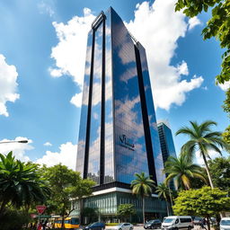 A stunning view of a modern skyscraper in Vietnam, showcasing its sleek glass façade reflecting the vibrant cityscape