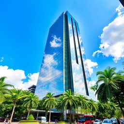 A stunning view of a modern skyscraper in Vietnam, showcasing its sleek glass façade reflecting the vibrant cityscape