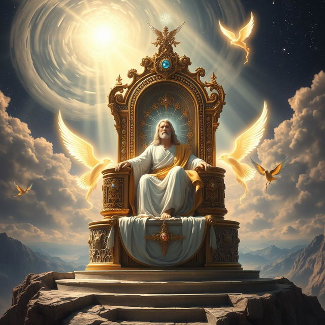 An awe-inspiring depiction of a grand throne of authority, situated high above a majestic landscape