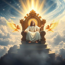 An awe-inspiring depiction of a grand throne of authority, situated high above a majestic landscape
