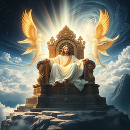 An awe-inspiring depiction of a grand throne of authority, situated high above a majestic landscape