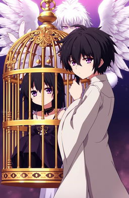 A captivating anime scene featuring twin siblings with striking black hair and purple-red heterochromia eyes