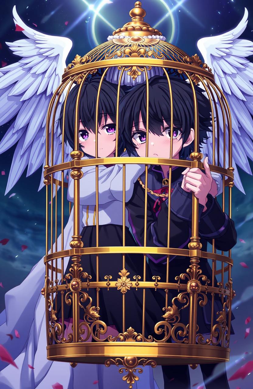 A captivating anime scene featuring twin siblings with striking black hair and purple-red heterochromia eyes