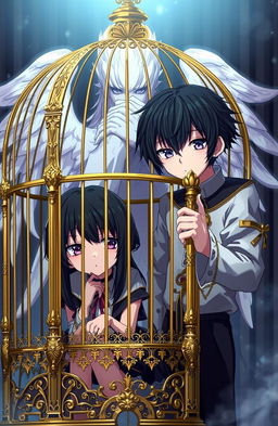 A captivating anime scene featuring twin siblings with striking black hair and purple-red heterochromia eyes
