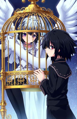 A captivating anime scene featuring twin siblings with striking black hair and purple-red heterochromia eyes