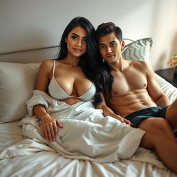 A striking scene portraying a beautiful woman with long black hair and large breasts, comfortably lounging on a bed with a young man