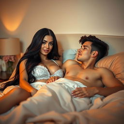 A striking scene portraying a beautiful woman with long black hair and large breasts, comfortably lounging on a bed with a young man