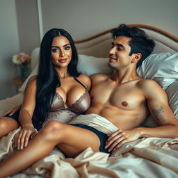 A striking scene portraying a beautiful woman with long black hair and large breasts, comfortably lounging on a bed with a young man