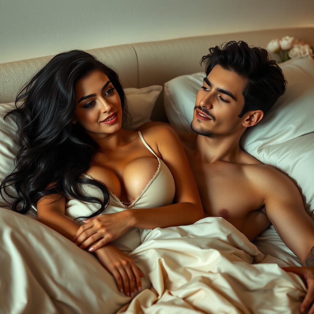 A striking scene portraying a beautiful woman with long black hair and large breasts, comfortably lounging on a bed with a young man