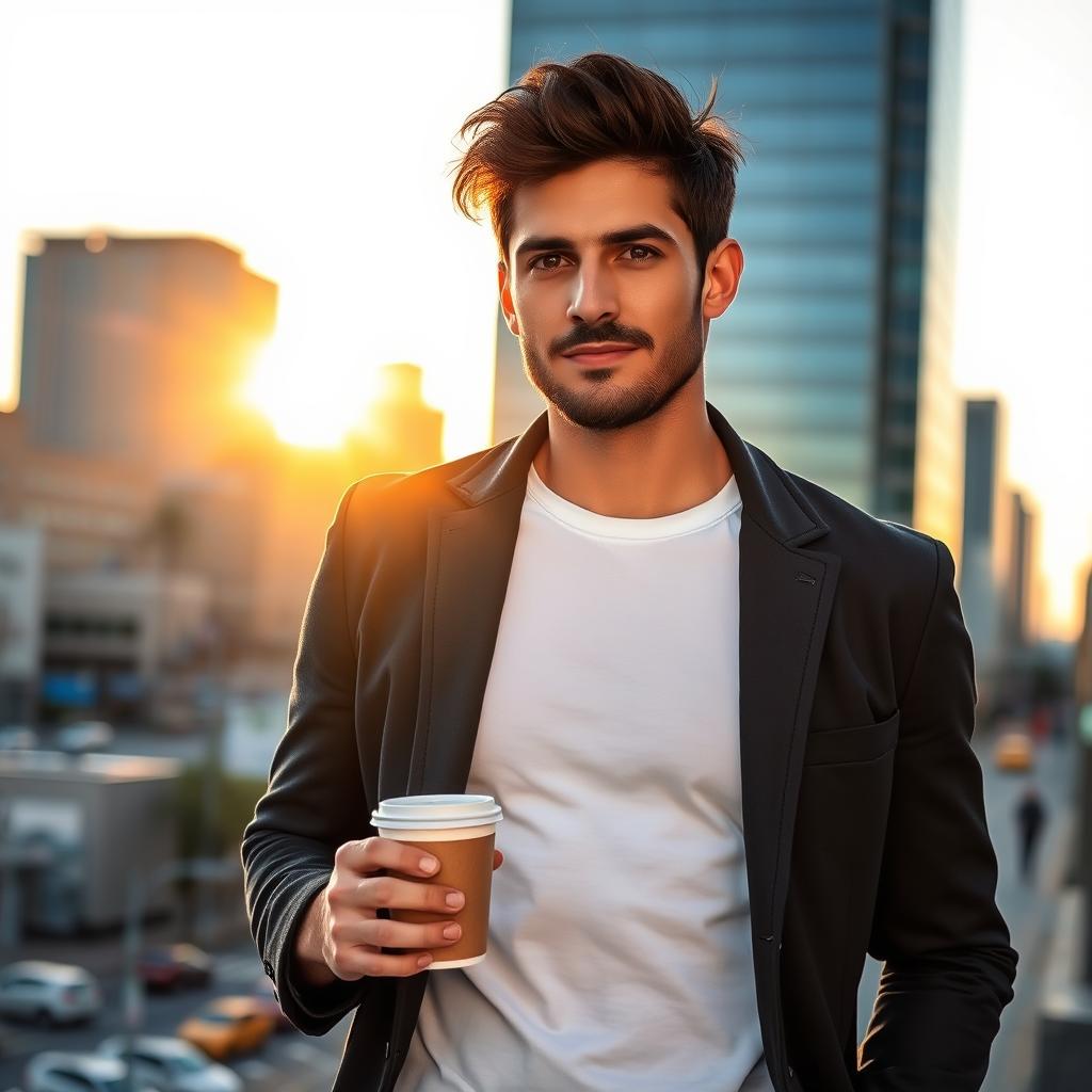 A handsome man with a confident demeanor, standing against a bright city backdrop at sunset
