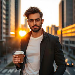 A handsome man with a confident demeanor, standing against a bright city backdrop at sunset