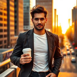 A handsome man with a confident demeanor, standing against a bright city backdrop at sunset
