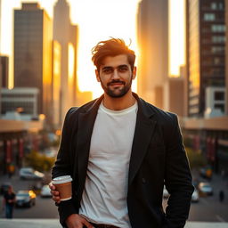 A handsome man with a confident demeanor, standing against a bright city backdrop at sunset