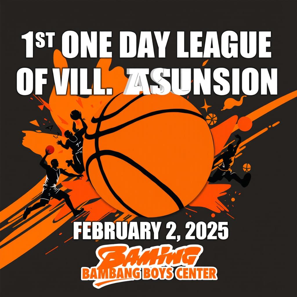 A vibrant and eye-catching poster for the '1st One Day League of Villa Asunsion', featuring a large, dynamic illustration of a basketball