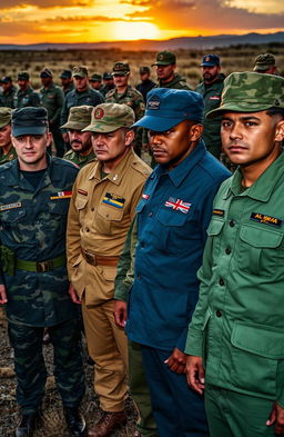 A vibrant display of various army colors, showcasing a range of uniforms from different countries and branches including camouflage patterns, navy blues, and earthy greens