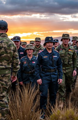 A vibrant display of various army colors, showcasing a range of uniforms from different countries and branches including camouflage patterns, navy blues, and earthy greens