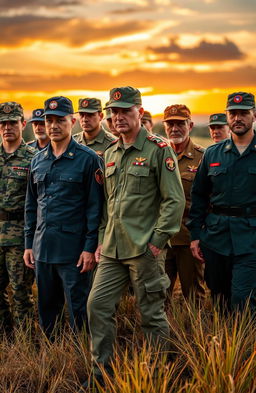 A vibrant display of various army colors, showcasing a range of uniforms from different countries and branches including camouflage patterns, navy blues, and earthy greens