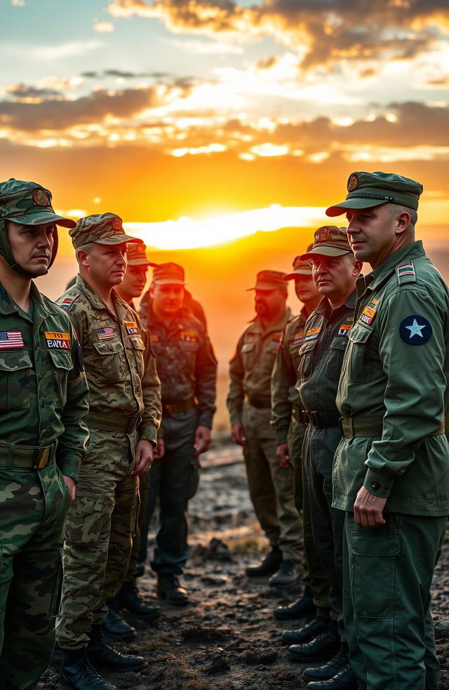 A vibrant display of various army colors, showcasing a range of uniforms from different countries and branches including camouflage patterns, navy blues, and earthy greens