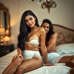 A young woman with long black hair, voluptuous figure wearing white panties, sitting on a bed with a young man