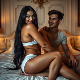A young woman with long black hair, voluptuous figure wearing white panties, sitting on a bed with a young man