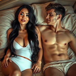 A young woman with long black hair, large breasts, wearing white panties, lying on a bed next to a young man