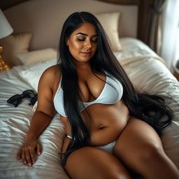 A curvaceous woman with long black hair lying on a bed, wearing white underwear