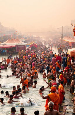 A vibrant scene depicting the Kumbh Mela, featuring thousands of colorful devotees gathered by the banks of a sacred river