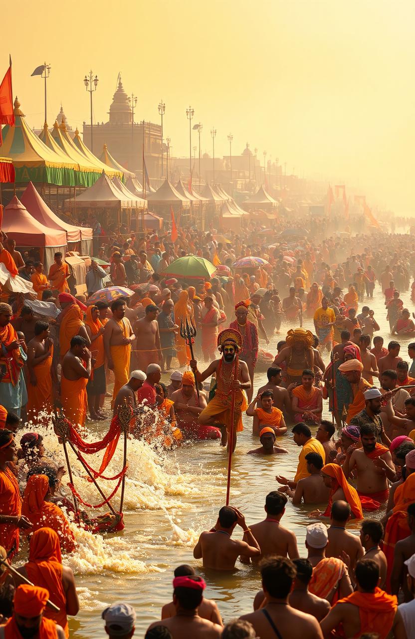 A vibrant scene depicting the Kumbh Mela, featuring thousands of colorful devotees gathered by the banks of a sacred river