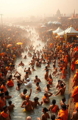 A vibrant scene depicting the Kumbh Mela, featuring thousands of colorful devotees gathered by the banks of a sacred river