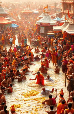 A vibrant scene depicting the Kumbh Mela, featuring thousands of colorful devotees gathered by the banks of a sacred river