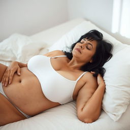 A fifty-year-old woman with black hair and large breasts, lying on a bed with her eyes closed