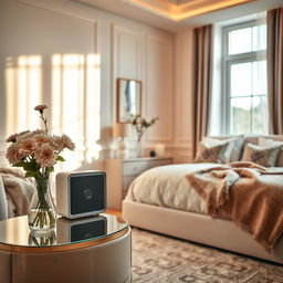 A beautifully arranged bedroom featuring a stylish product on a bedside table