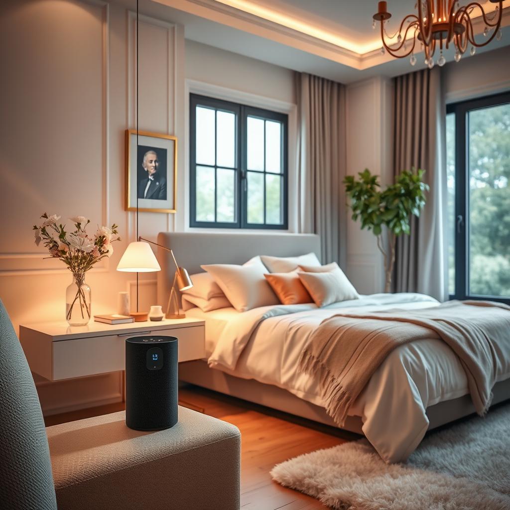 A beautifully arranged bedroom featuring a stylish product on a bedside table