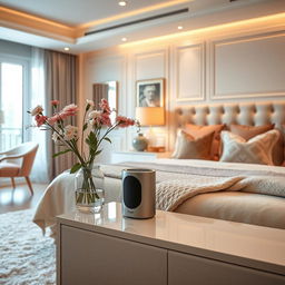 A beautifully arranged bedroom featuring a stylish product on a bedside table