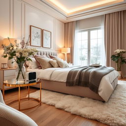 A beautifully arranged bedroom featuring a stylish product on a bedside table